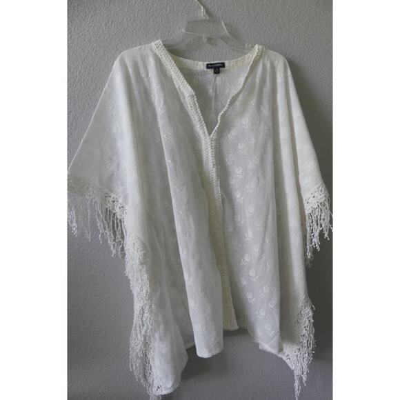 Max Edition Floral Lace Kaftan Shirt Women L/XL Batwing Sleeve Sheer Fringe Trim - Picture 9 of 13